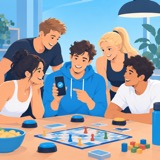 Компания играет в настольную игру и квиз за столом